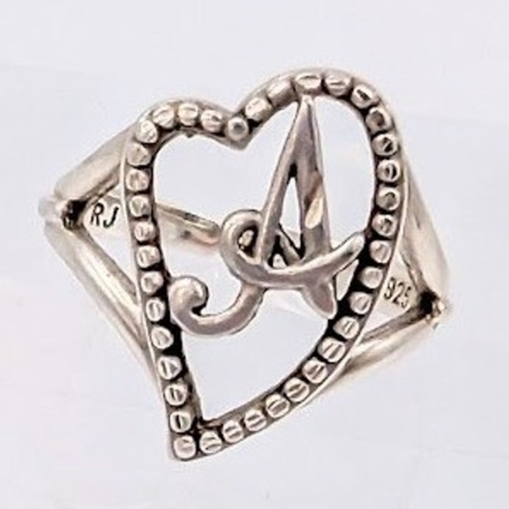 VTG Avon RJ Graziano 925 Sterling Silver Monogram A Ring Heart Size 5 Adjustable